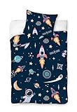 Kinderbettwäsche 100x135 aus 100% Baumwolle mit Weltraum Astronaut Motiven - Kinder Bettwäsche und Baby Bettwäsche Set für Jungen mit Kopfkissen- und Bettdeckenbezug (100 x 135 und 40 x 60)