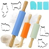 3 Nudelholz Silikon,Teigroller Kinder Klein und Groß, Wellholz Rollen für Kinder Erwachsene - 1 Backrolle 38cm, 2 Teigroller Klein, 5 Ausstecher,3 teigschaber als Backzubehör Backset Geschenk