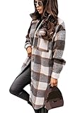 Yming Karierte Fleecejacke Für Damen Shacket Langarm Hemd Herbst Lässig Reversknopf Warmer Trenchcoat Grau L
