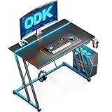 ODK 80 × 50 cm Gaming Tisch mit LED, Gaming Schreibtisch mit Becherhalter und Kopfhörerhaken, Doppel-Z-Rahmen-Design Kleiner Computertisch, Carbon Fiber Schwarz