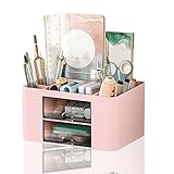 Schreibtisch-Organizer mit Schublade, Multifunktionaler Stiftehalter Schreibtisch Organizer mit 7 Fächern, Tisch Organizer aus Kunststoff für Bürobedarf, Stifteköcher für Büro Zuhause Schule (Rosa)