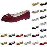 Damen Ballerinas mit Schleife Vegan Weich Faux Wildleder Flach Spitze Pumps Elegant Slip On Knit Kleid Schuhe Mittelfußstütze strapazierfähige Laufsohle leicht & flexibel Bootsschuhe