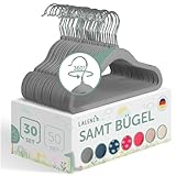 Laleni Kinderkleiderbügel 30 Stück + Samtbezug - platzsparende Kleiderbügel Kinder - 360° drehbare Kinder Kleiderbügel - rutschfeste Kleiderbügel Kinder samt grau/Babykleiderbügel - Kinderbügel Grau