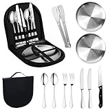 Camping Geschirr Set 2 Personen 12-teilig, Picknick Set, Edelstahl Outdoor Geschirr Tragbars Campingbesteck Besteckset mit Edelstahl für Outdoor, Camping, Picknick, Grillen, Wandern