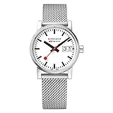Mondaine - Evo2 MSE.30210.SM - Damen Uhr 30mm - Bahnhofsuhr in Silber mit Datumsanzeige - 30m Wasserdicht Saphirglas mit rotem Sekundenzeiger - Hergestellt in der Schweiz