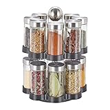 Relaxdays Gewürzkarussell, 16 Gewürzgläser, Gewürzregal 360° drehbar, Edelstahl, Glas, HxD: 25 x 17,5 cm, Silber/schwarz