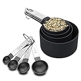 8 teiliges Messbecher und Löffel Set, Kunststoff Messbecher und löffel mit Edelstahlgriff, Messwerkzeug für Flüssigkeiten und Feststoffe, zum Kochen von Küchen (schwarz)