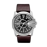 Diesel Herrenuhr Master Chief, Dreizeigeruhrwerk, 46mm Silber / Stahl Edelstahlgehäuse mit Lederarmband, DZ1206