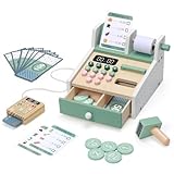OSLINE Geschenk für 2 3 4 5 Jährige Mädchen Junge,Montessori Holz Spielzeug Kasse Kinderab 2-5 Jahr, inkl.Spielgeld Kartenlesegerät Kaufladen Zubehör,Geschenk Kind Geburtstag