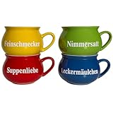 BURI Suppentassen 4er-Set aus Keramik | Bunte Henkel-Schüsseln mit Sprüchen | 400 ml | Spülmaschinenfest & mikrowellengeeignet | Mediterraner Stil