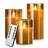 Yinuo Mirror Led Kerzen mit Timerfunktion, Flackernde Flamme mit Fernbedienung, Bad Deko, Tischdeko Wohnzimmer, Größe 10/12,5/15cm Hoch, 7,5 cm Durchmesser