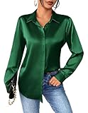 Zeagoo Damen Satin Bluse Elegant V-Ausschnitt Seidenbluse Langarm Button Down Satinbluse Business Work Satin Hemd Casual Blusen Shirt Basic Solide Oberteile Grün L