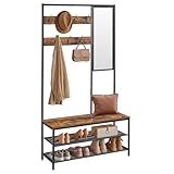VASAGLE Kleiderständer, Garderobe, Garderobenständer mit Haken, Spiegel, Sitzbank, 35 x 98 x 180 cm, für Eingangsbereich, Schlafzimmer, Wohnzimmer, Industrie-Design, vintagebraun- schwarz HSR415B01