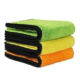 SOLUSTRE 3Stücke Teiliges Mikrofasertücher Für Autoreinigung Dual Reinigungs Und Trockentücher Orange Hellgrün Und Gelb Hochwasserabsorption Fusselfrei Langlebig
