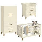 Bellabino Liri Kinderzimmer Set – 3-teiliges Babyzimmerset mit Gitterbett, Wickelkommode & Kinderkleiderschrank in Beige/Natur – Babybett umbaubar – Wickeltisch mit abnehmbaren Wickelaufsatz
