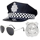 SKHAOVS 3 Stück Polizei Kostüm Zubehör Set Polizei Outfit Karneval Verkleidung, Polizeimütze, Abzeichen, Pilotenbrille, Swat Rollenspiel Zubehör für Halloween Karneval Rollenspiel