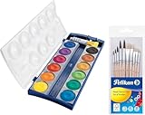 Pelikan 720854 720250 Deckfarbkasten K12, 12 Farben + 1 Tube Deckweiß, Schul-Standard (Deckfarbkasten mit Pinselset groß, 1, stück)