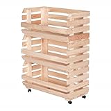 STOLMAK Obstkiste Holz auf Rollen 57 x 79 x 30 cm Kartoffel Obst Gemüse Aufbewahrung Regal mit Körben Stapelkisten Holzkiste Groß Aufbewahren Gemüsekiste 3 Etagen Farbe: Naturholz
