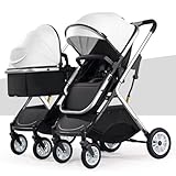 MEHWSAR Doppelkinderwagen, Faltbarer Zwillingskinderwagen mit Tandemsitzen, Zwillingsschirm-Kinderwagen for Säuglinge und Kleinkinder, umkehrbarer Kinderwagen, Stubenwagen(White)