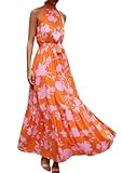 EFOFEI Damen Kleid Mit Hohem Halsausschnitt Neckholder Maxi Abendkleid Gepunktetes Blumenkleid Ärmelloses Langes Sommerkleid Blume Orange L