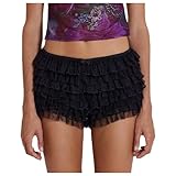 Bloomer Shorts Damen Schwarz Y2k Spitze Kurze Hosen Mehrlagig Rüschen Elastische Niedrige Taille Hot Pants Mini Pettipants Teenager Mädchen Elegant Ruffl Lace Lolita Petticoat Party Spitzenshorts