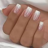 Yamobi 24 Stück Press On Nails, Glitzer French Nails, Künstliche Fingernägel zum Aufkleben,Wiederverwendbare Kunstnägel, Fingernägel Zum Aufkleben für Frauen