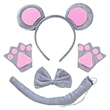 TSHAOUN 4-teiliges Tier-Kostüm-Set, Maus-Ohren, Stirnband, Grau, Ohren, Stirnband, Schwanz, Fliege, Handschuhe, Verkleidungsset, für Kindergeburtstag, Party, Karneval, Cosplay, Weihnachten,