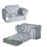 MeMoreCool Kindersofa Ausklappbar, 2-in-1 Kleinkinder Schlafsofa, Kindersessel mit Schlaffunktion, Mini Couch für Kuschelecke Kinderzimmer, Fancy Spielsofa für Mädchen und Jungen, Grau Stern