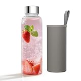 YRHome 500ml Trinkflasche Glasflasche mit Edelstahl-Deckel & Grau Neopren-Hülle Glastrinkflasche Wasserflasche für Heiße & Kalte Getränke Spülmaschinenfest, Auslaufsicher Sport, Büro, Outdoor