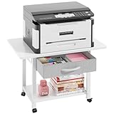 OYRREU Druckertisch mit Rollen, 56x38cm Mobiler Druckerständer Schreibtisch mit Stoffschublade, Home Office Druckerhalter Büro Druckerwagen Drucker Regal, Printer Stand, Weiß