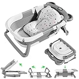 Mexgcom Baby Badewanne, Faltbar Baby Badewanne mit Rutschfestem Badekissen, Ergonomische Babywann mit Integriertem Thermometer für Neugeborene Von 0-36 Monaten (Grau)