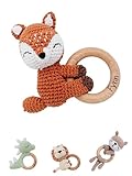 Bärenfreunde® - Personalisierter Beißring Baby - Niedlicher Greifling für Baby's ab 0 Monate - Babyrassel mit Name als Baby Geschenk für Mädchen und Jungen (Fuchs liegend,mit Name)