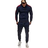 Geagodelia Herren-Trainingsanzug-Set, Farbblock, Fitnessstudio, Sweatanzug, langärmelig, Reißverschluss, Kapuzen-Sweatshirt + Lauf-Jogginghose, marineblau / rot, M