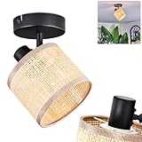 HOFSTEIN Deckenleuchte Sabadim, Deckenlampe aus Metall/Papfiergeflecht/Stoff in Schwarz/Natur, verstellbare Leuchte im Boho-Design (Schirm Ø 12 cm), 1 x E14, Esszimmer, Wohnzimmer, Schlafzimmer, Küche
