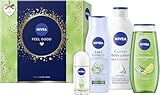NIVEA Feel Good Geschenkset, Pflegeset mit feuchtigkeitsspendenden Pflegeprodukten, Geschenkbox mit Bodylotion, Pflegedusche, Deo Roll-On und Shampoo
