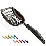 WePet Katzenstreuschaufel, Aluminium-Siebschaufel, Metall Schaufel für Katzen, Tiefe Schaufel mit diagonalen, Langer Griff, Kitten-Kot-Hebeschaufel für Katzenklo, Größe L, Schwarzem Griff