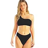 TOEECY Bikini Set Damen Eine Schulter Badeanzüge Bademode Zweiteiliger Badeanzug Push Up High Waist Sexy Schwimmanzug Swimsuit (Schwarz,L)