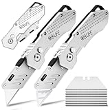 CCLIFE 2 Stück Faltbares Teppichmesser, Klappbares Universalmesser Portabel Cuttermesser mit 10 zusätzlichen SK5 Edelstahlklingen, Gürtelclip und Safety-Lock-Design, Silber