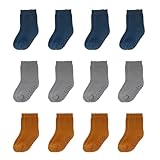 SAYOYO Stoppersocken Kinder 12 Paar Antirutschsocken Baby Jungen Rutschsocken ABS Baumwolle Socken Mädchen Crew Socks, 2-3 Jahre, Navyblau, Grau, Braun