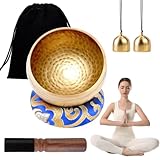 POFIBO Klangschalen Set, 8CM Tibetisches Klangschalen Handgehämmertes Meditationszubehör mit Holzklöppel Klangschalenkissen und Messingglocke, Ideal für Yoga Meditation und Entspannung
