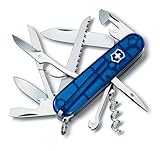 Victorinox Schweizer Taschenmesser Huntsman, Multitool, Swiss Army Knife mit 15 Funktionen, Klinge, Korkenzieher, Dosenöffner, Faltschachtel, Blau Transparent