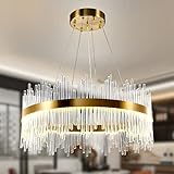 AOOCHOK Modern Kristall Pendelleuchte Gold Kronleuchter, Dimmbar Kristall Lampe Rund Hängeleuchte, Häengelampe für Wohnzimmer, Esszimmer,Schlafzimmer, Restaurant,Φ60cm