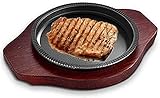 IIPOSAQQ Vorgebrannte Gusseisen-Pizza-Steakpfanne mit Griff und Holzboden für Restaurantbedarf, Zuhause und Küche, Kochzubehör, ideal zum Grillen von Fleisch, Meeresfrüchten (Größe: 23 cm) (27 cm)