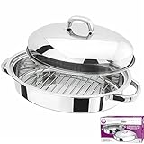 Prima Kitchenware Bräter aus Edelstahl, oval, Set mit abnehmbarem Gestell, zum Kochen, Backen, stabile Griffe, 32 cm, silberfarben