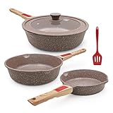 AIKENBBKK Keramik Pfannenset 5-teiliges, Pfanne mit Deckel 20/24/28 cm Antihaft Keramikbeschichtung Bratpfannenset mit abnehmbaren Griff, Backofen und Spülmaschinenfest- Braun