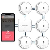 Rauchmelder Vernetzter mit Basisstation, Smart Home Brandmelder, WLAN-App-Steuerung, 10 Jahre Batterie Feuermelder (5*rauchmelder+1*Gateway)