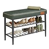 VASAGLE EKHO Kollektion - Schuhbank, Sitzbank, Sitztruhe, Eingangsbereich, Kunstleder, Nähte, Mid-Century-Modern-Stil, modern, bis 135 kg belastbar, 30 x 80 x 50 cm, waldgrün LSB054C01