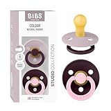 BIBS Colour Studio Schnuller 2er-Pack, BPA-frei, Kirschform Nippel. Naturkautschuk/Latex, Hergestellt in Dänemark, Größe 1 (0-6 Monate) - Dusky Lilac/Plum