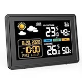 Wetterstation Funk mit Außensensor mit Adapter, Weather Station Digital Funkuhr Innen und Außen Thermometer Hygrometer mit Wettervorhersage, Funkthermometer Atmosphärendruck (schwarz)