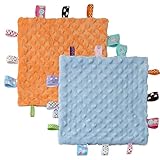 CREVENT Tag Sicherheitsdecken für Babys, weiche kleine Lieben für Jungen, sensorische Babydecke, tolles Geschenk für Geburtstag, Babyparty, 25,4 x 25,4 cm, Blau + orangefarbenes Etikett